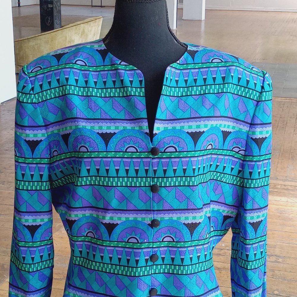 Vintage 100% silk Purple bluescreen black geometric print blazer - Picture 5 of 6